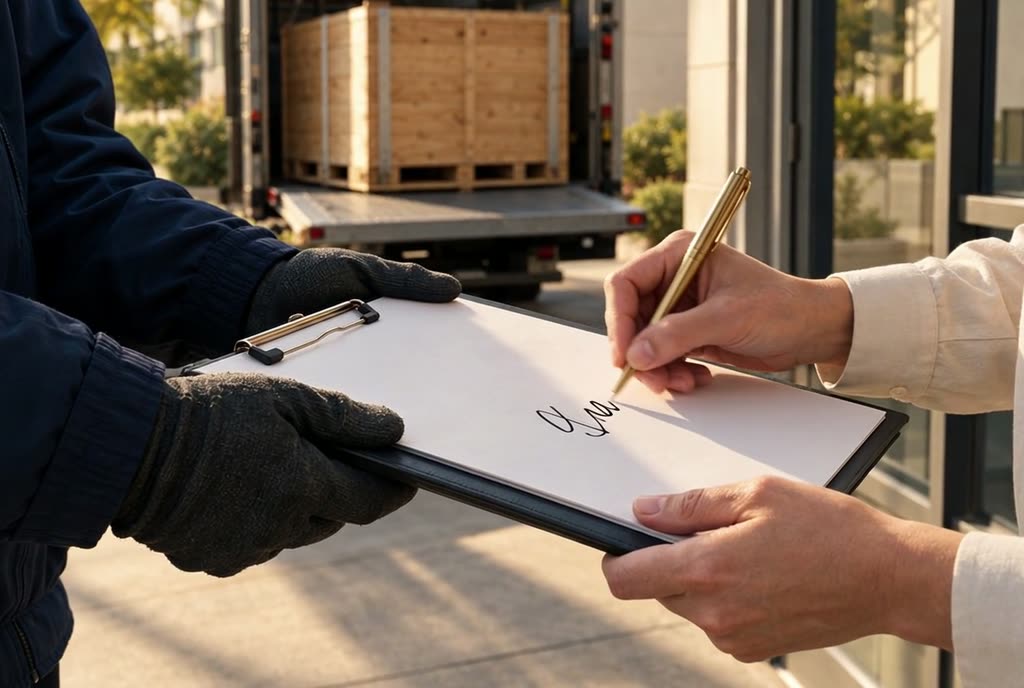 A receiving clerk signs a delivery receipt on a clipboard held by a driver in work gloves, with a crated pallet on a truck liftgate behind them.